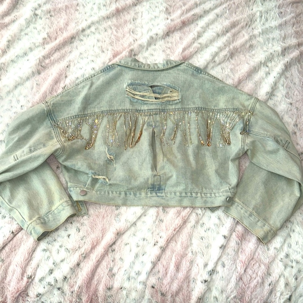 Blue B S/M cropped Jean jacket with sequins